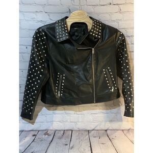 Forever 21+ Biker Jacket Womens 3X Black pleather Studded Asymmetric Zip Pockets